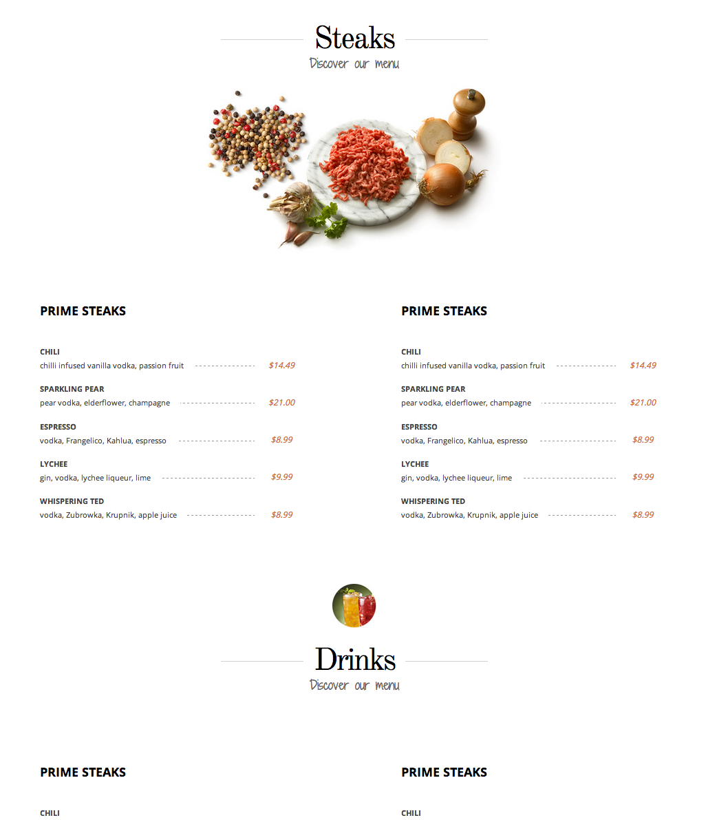 Menu subpage